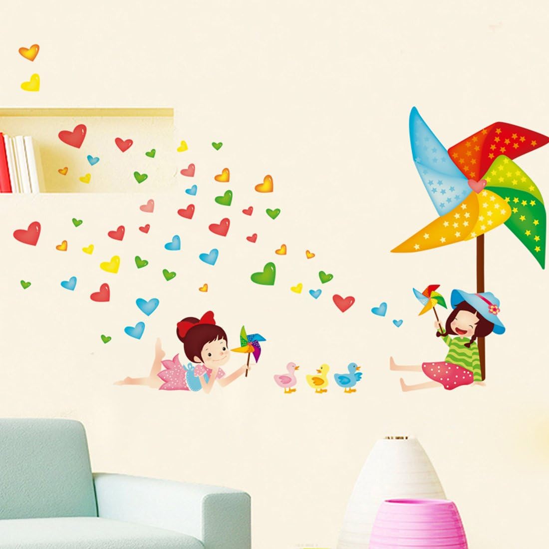 fashionbeautybuy Windmills Heart Shape Wall Sticker House Decal Removable Living Room Wallpaper Bedroom Kitchen Art Picture PVC Murals Sticks Window Door Decoration + 3D Frog Car Sticker 45x60 nc5183c