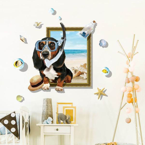 Miico Creative  Cartoon Summer Diving Dog Frame PVC Removable Home Room Decorative Wall Floor Decor Sticker Xl8313