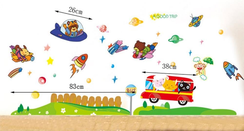 BIBITIME Bus Sheep Cat Animal Space Travel Wall Decal Rainbow Monkey Bear Airplane Rocket UFO Vinyl Sticker for Nursery Bedroom Kids Room Decor Art Mural DIY PVC Decorations size 60x90 ay873