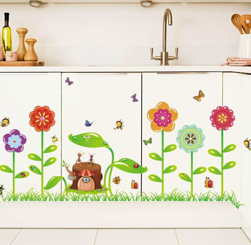 BIBITIME Grassland Flower Cartoon Animal Decal The Stump House Ants Bees Butterflies Snails Ladybugs Wall Sticker for Nursery Kids Room Bedroom size 50x70 xy8098