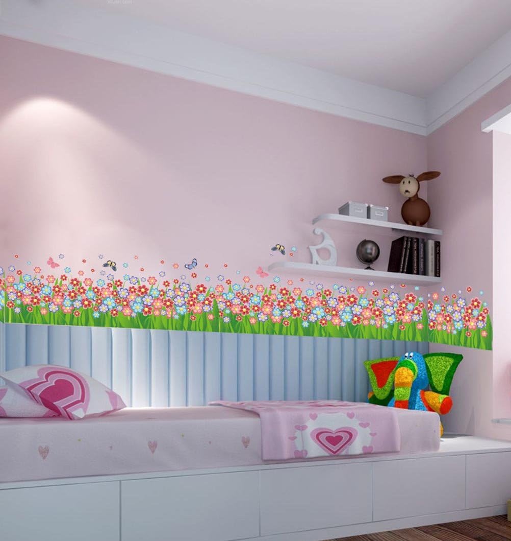 BIBITIME Green Grass Colorful Flower Border Vinyl Decals Living Room Bedroom Children's Room size 50x70 xh7216