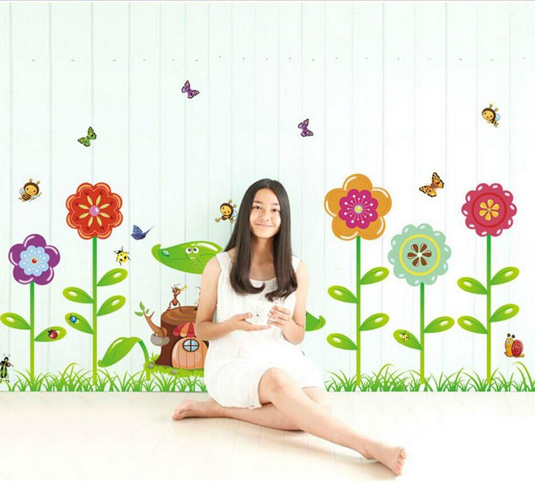 BIBITIME Grassland Flower Cartoon Animal Decal The Stump House Ants Bees Butterflies Snails Ladybugs Wall Sticker for Nursery Kids Room Bedroom size 50x70 xy8098
