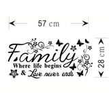 Family Where Life Begins Love Never Ends with Flowers and Butterfly Vinyl Removable Wall Quote Sticker Decal (Black)