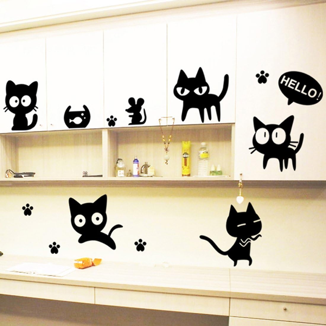 fashionbeautybuy Loverly Cats Wall Sticker House Decal Removable Living Room Wallpaper Bedroom Kitchen Art Picture PVC Murals Sticks Window size 50x60  nc6013