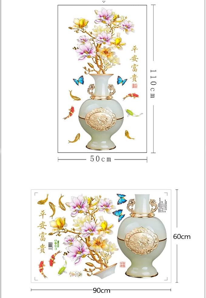 Flower  jojoz Wall Stickers, Embossed Vase Colored Flower Bedroom Wallpaper, Creative Self-Adhesive Waterproof Bedside Bedroom Background Aesthetic Decor Vase GS9589 Size: 60x90 cm