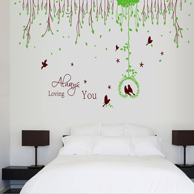 Wall Sticker English Letters Rural Green Leaves Birds Paper Home Decal Removable Wall Vinyl Living Room Bedroom PVC Art Picture Murals DIY Stick for Adults Teens Kids Nursery Baby