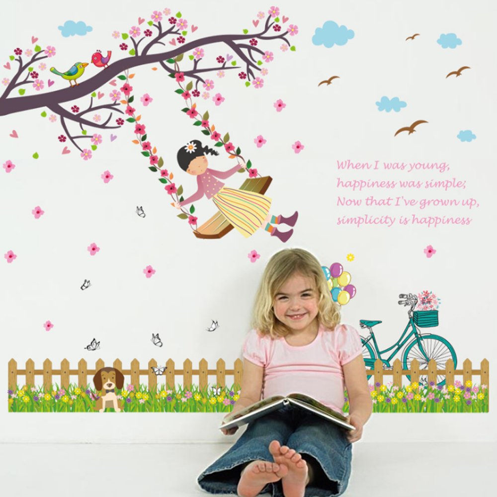 Swing Girl Baseboard Flowers Tree Birds Butterflies Wall Decal Home Sticker PVC Murals Paper House Decoration Wallpaper Living Room Bedroom Art Picture for Kids Teen Senior Adult Baby size 50x70 sk7051