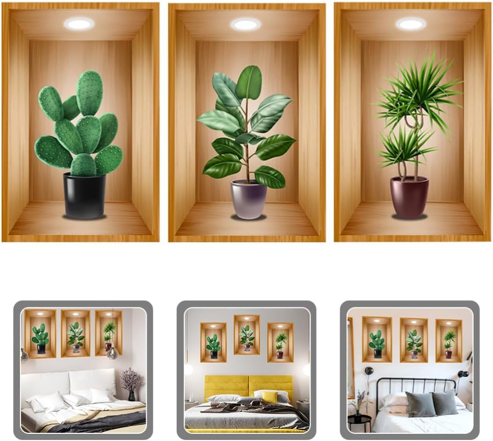 HOMSFOU 3 Pcs Potted Plants and Flowers 3D Wall Stickers 3D Living Room Entrance Bedroom Triptych Sofa Background Decoration Wall Stickers Potted Plants Home Sticker size  30x43cm Pack of 3 golden