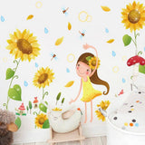fashionbeautybuy Girl Sunflower Flowers Dragonfly Wall Sticker Decal Home Decor PVC Murals Wallpaper House Art Picture Living Room Adult Senior Teen Kids Baby Bedroom Decoration size 50x70 xls7192