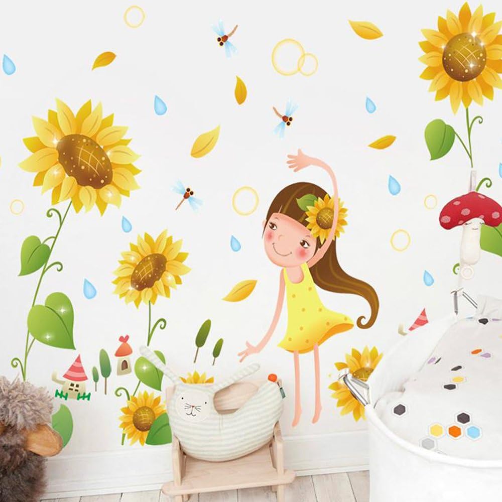 fashionbeautybuy Girl Sunflower Flowers Dragonfly Wall Sticker Decal Home Decor PVC Murals Wallpaper House Art Picture Living Room Adult Senior Teen Kids Baby Bedroom Decoration size 50x70 xls7192