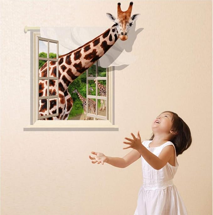 Wall Sticker 3D Animal Removable Wall Decals, Giraffe Creative Window Decal for Kids Room Living Room Decor size 60x90  xh0786c