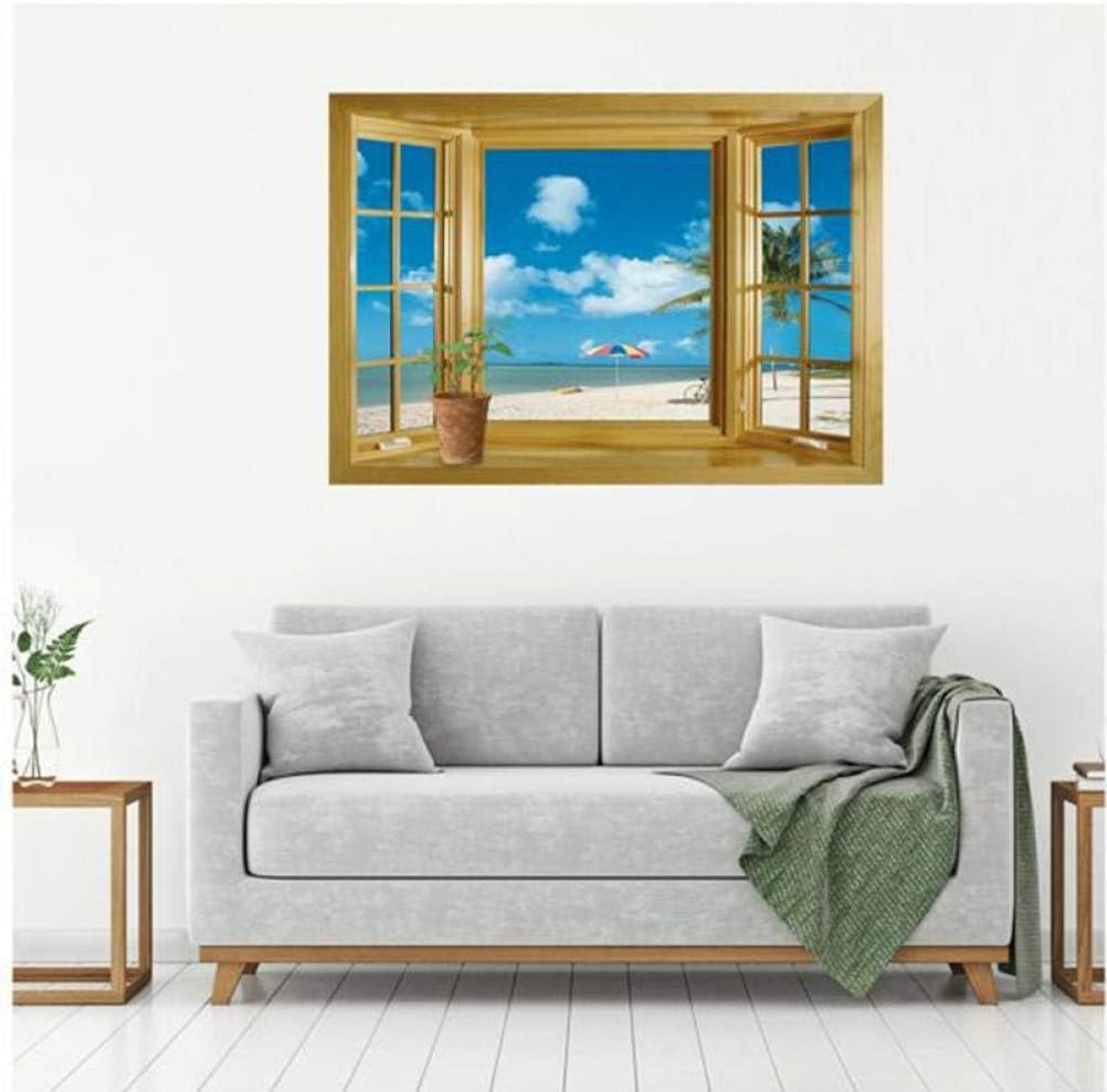 Oulensy 3D Window Scenery Beautiful Sea Beach View wall sticker fake window poster decorative poster Home Decor Vinyl Art Decal Mural  size 60x30  ncs0026  Wall Decor Sticker