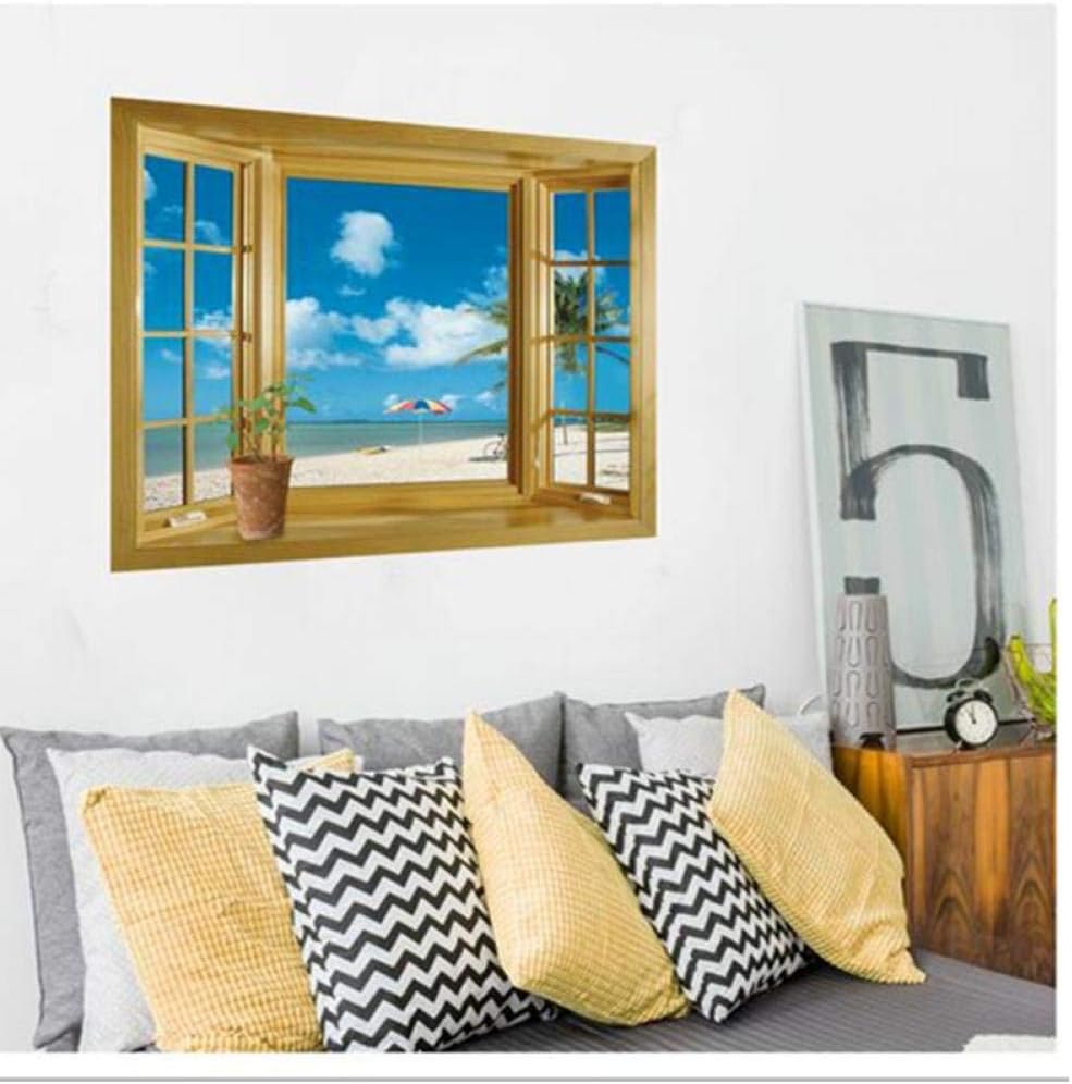 Oulensy 3D Window Scenery Beautiful Sea Beach View wall sticker fake window poster decorative poster Home Decor Vinyl Art Decal Mural  size 60x30  ncs0026  Wall Decor Sticker