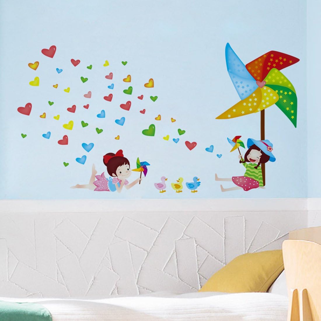 fashionbeautybuy Windmills Heart Shape Wall Sticker House Decal Removable Living Room Wallpaper Bedroom Kitchen Art Picture PVC Murals Sticks Window Door Decoration + 3D Frog Car Sticker 45x60 nc5183c