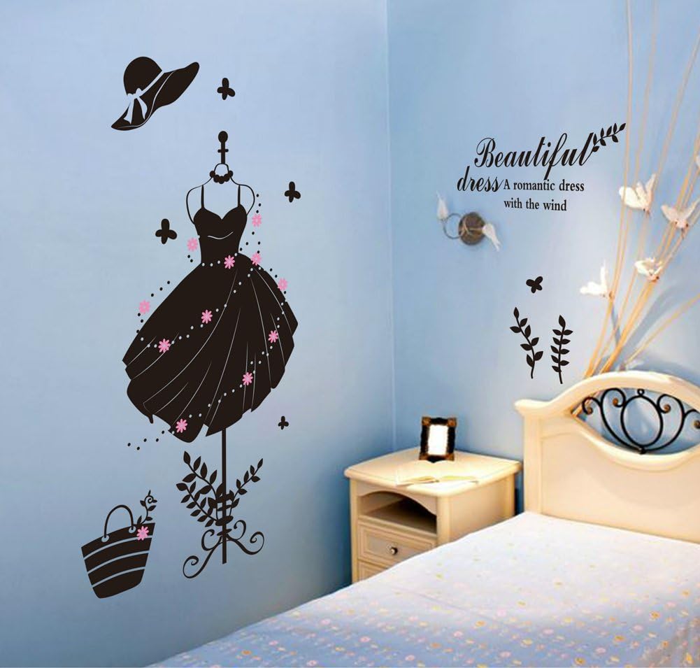 Wallpark Beautiful Black Dress Hat Bag High-Heeled Shoes Store Glass Showcase Removable Wall Sticker Decal, Living Room Bedroom Home Decoration Adhesive DIY Art Wall Mural size 50x70 xh0632c