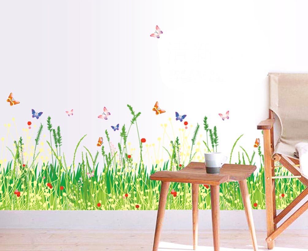 BIBITIME Plants Grass Flowers Border Wall Decal Flying Butterfly Vinyl Sticker for Living Room Skirting line Kitchen Bathroom Window Glass Door Kids Room Decor Art Mural size 50x70 am7052