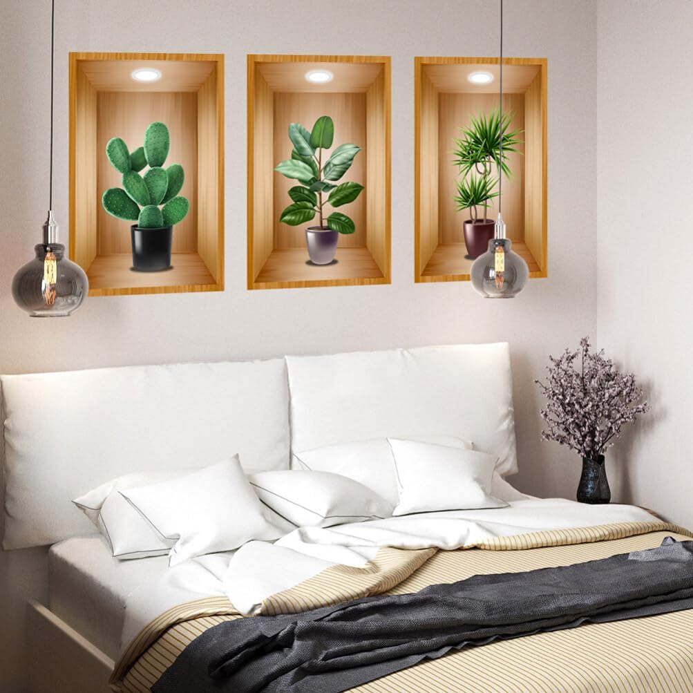 HOMSFOU 3 Pcs Potted Plants and Flowers 3D Wall Stickers 3D Living Room Entrance Bedroom Triptych Sofa Background Decoration Wall Stickers Potted Plants Home Sticker size  30x43cm Pack of 3 golden
