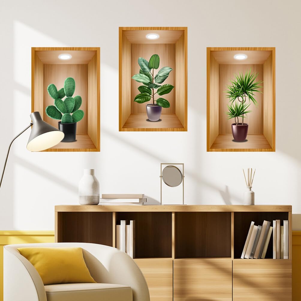 HOMSFOU 3 Pcs Potted Plants and Flowers 3D Wall Stickers 3D Living Room Entrance Bedroom Triptych Sofa Background Decoration Wall Stickers Potted Plants Home Sticker size  30x43cm Pack of 3 golden