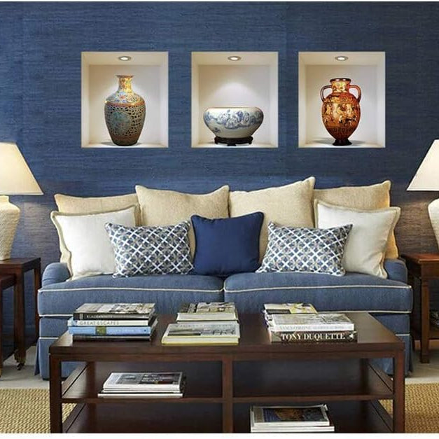 pack of 3 3D Simulation Ceramic Vase Wall Stickers Living Room Bedroom Decoration Sticker PVC Material Self-adhesive Environmental Protection Removable Decor Wallpaper size 50x90cm Z002