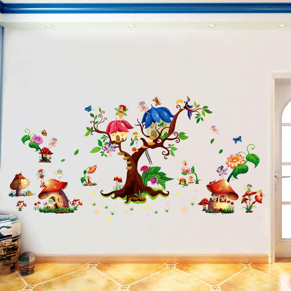 Xh9272Fairy Garden Wall Stickers Tree Mushroom House Wall Decals Mural for Girls Bedroom Nursery Living Room