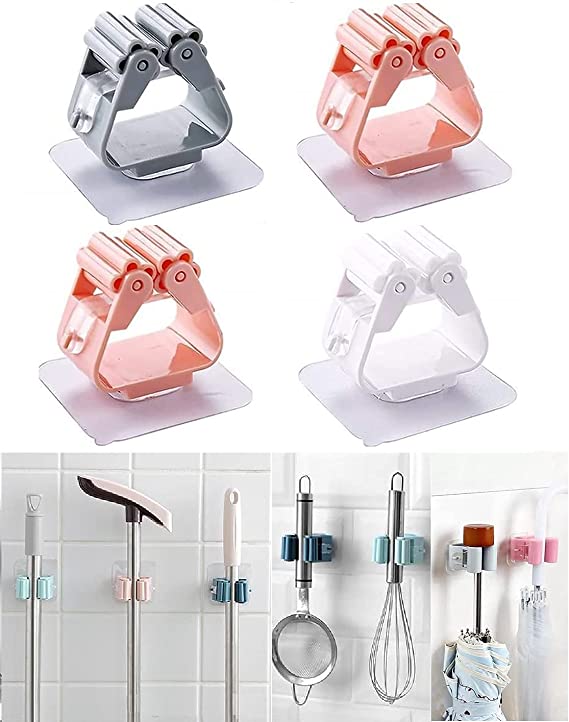 1 Pc Mop and Broom Self Adhesive Holder Wall Mount Magic Hanger Organizer Cleaning Tools Storage Mop Rack (Random Color)
