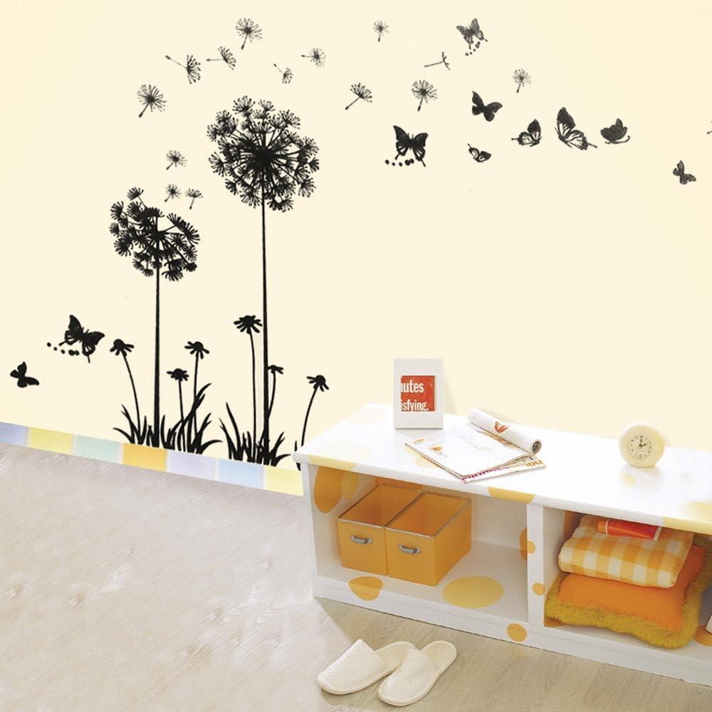 Dandelion Wall Stickers Flower Butterflies Flying Mural Art Decal Self-Adhesive Home Decoration DIY Living Bedroom Office Decor Kids Room Wallpaper  size 50x70  lm7030