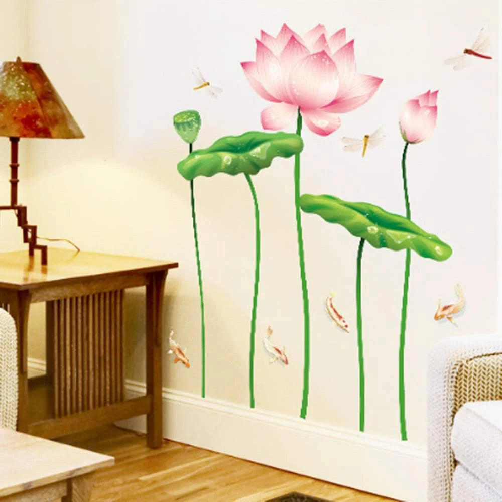 Lotus Flower Dragonfly Fish Wall Sticker size 60x90 am029