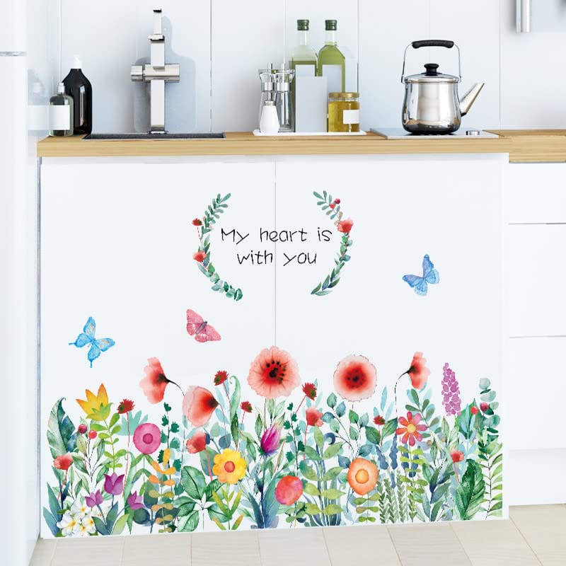 JAAMSO ROYALS Colourful Blooming Flower with Coloured Butterfly Wall Stickers for Living Room Flowers, Floral Wall Stickers, Flower Sticker, Nature Wall Stickers (90 CM X 60 CM)