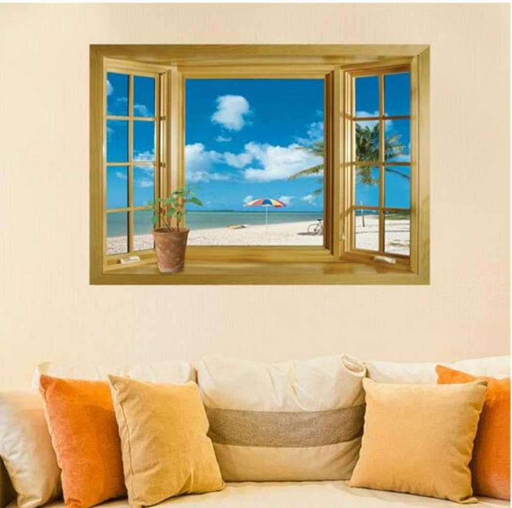 Oulensy 3D Window Scenery Beautiful Sea Beach View wall sticker fake window poster decorative poster Home Decor Vinyl Art Decal Mural  size 60x30  ncs0026  Wall Decor Sticker