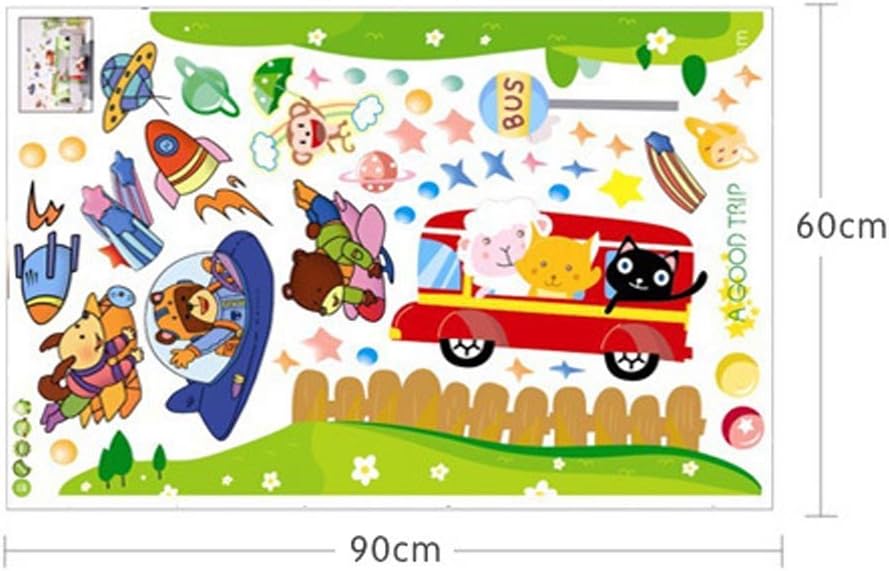 BIBITIME Bus Sheep Cat Animal Space Travel Wall Decal Rainbow Monkey Bear Airplane Rocket UFO Vinyl Sticker for Nursery Bedroom Kids Room Decor Art Mural DIY PVC Decorations size 60x90 ay873