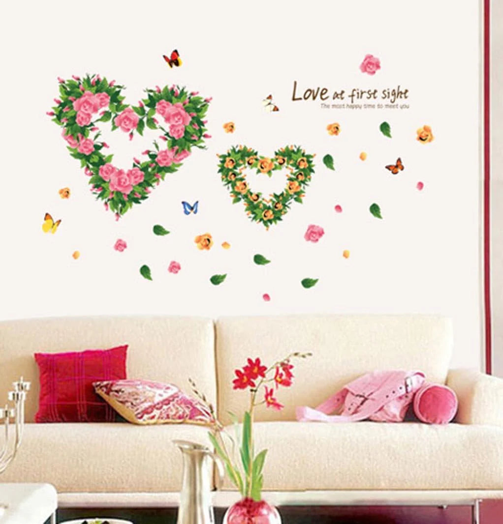 BIBITIME 2 Romantic Flower Hearts Meet "Love at First Sight" Valentines Day Vinyl Quotes Butterfly Lovers Wall Decals Sticker size 45x60 ay6014