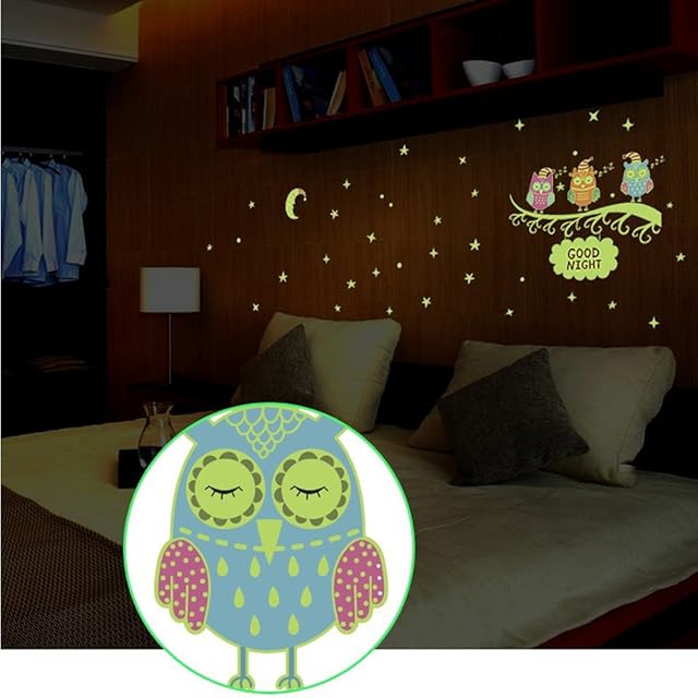 Two Wall Stickers,Techfeed Night Light Wall Decals and Branch Owl Wall Stickers for Kids Rooms Bedroom Decorative Removable Wall Decor Stickers for Girls Boys size 30x60 HM31006Y