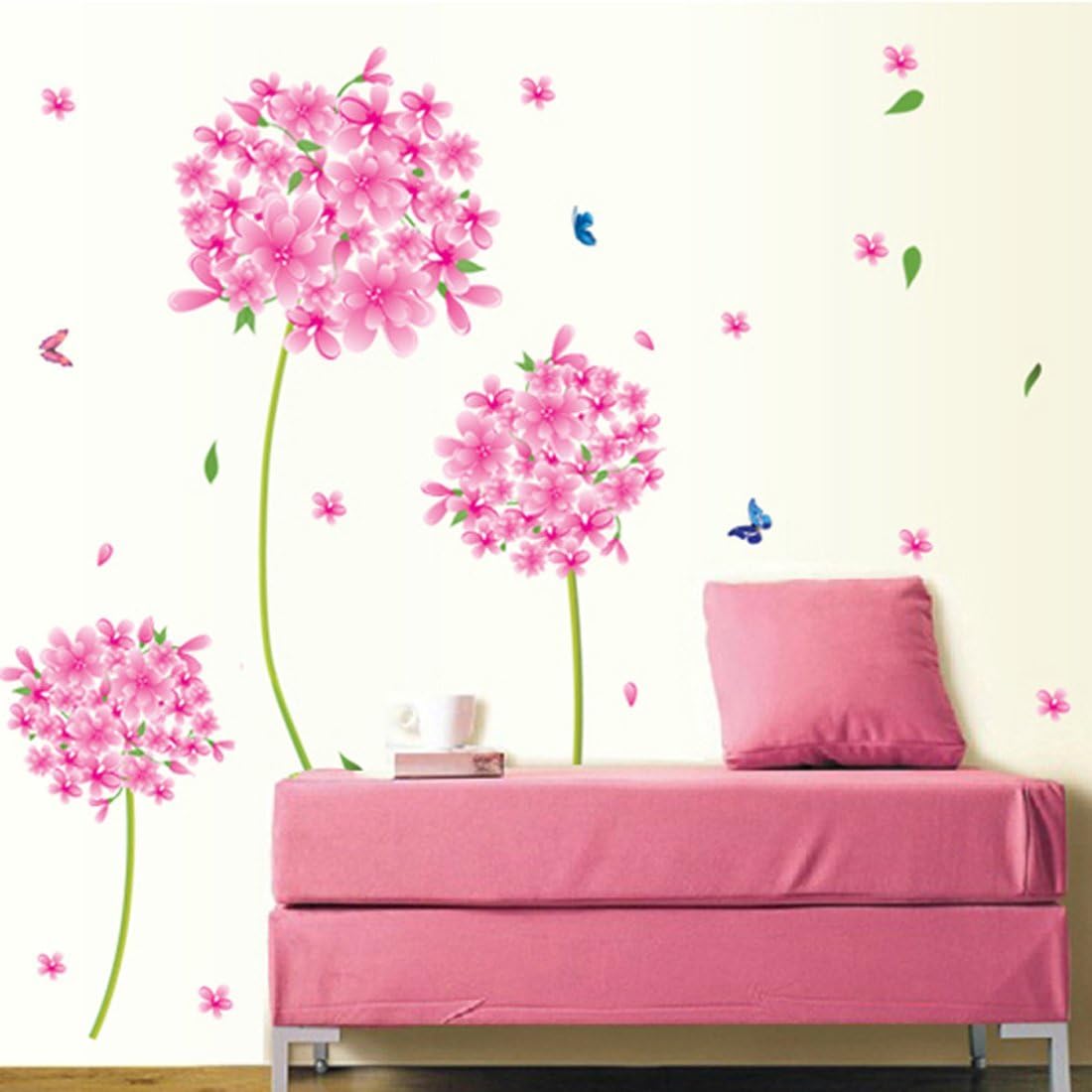 Butterflies Pink Flowers Wall Decal Nursery Baby Room Sticker House Decoration Wallpaper Removable Living Dinning Room Bedroom Kitchen Art Picture Murals DIY Stick size 50x70 xls7027
