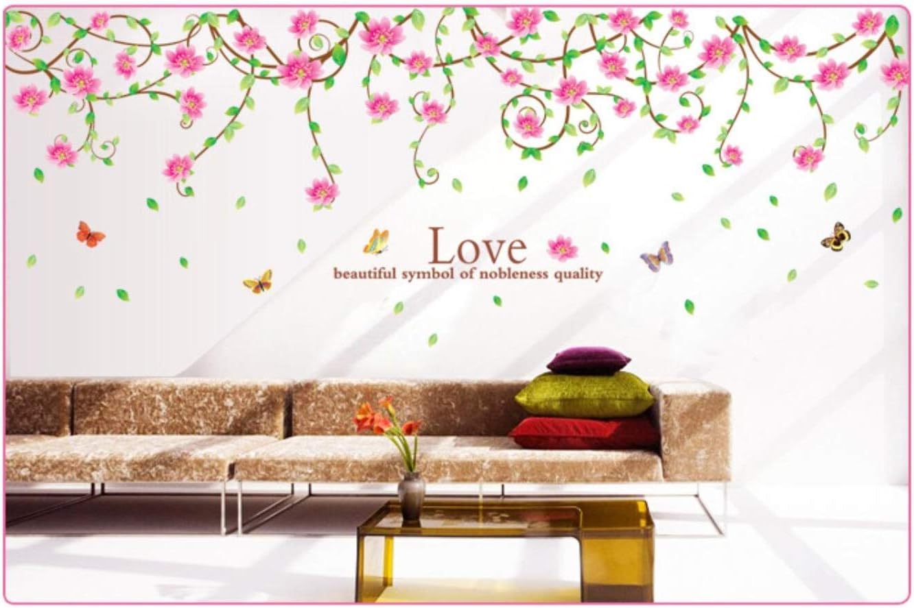 Home Decor Line PVC Art Decoration Removable Pink Roses Romantic Flower Rattan Style for Wedding Room Home Decals Mural Restaurant Bedroom Sitting Room Sofa TV Background by size 60x90 ay9150a
