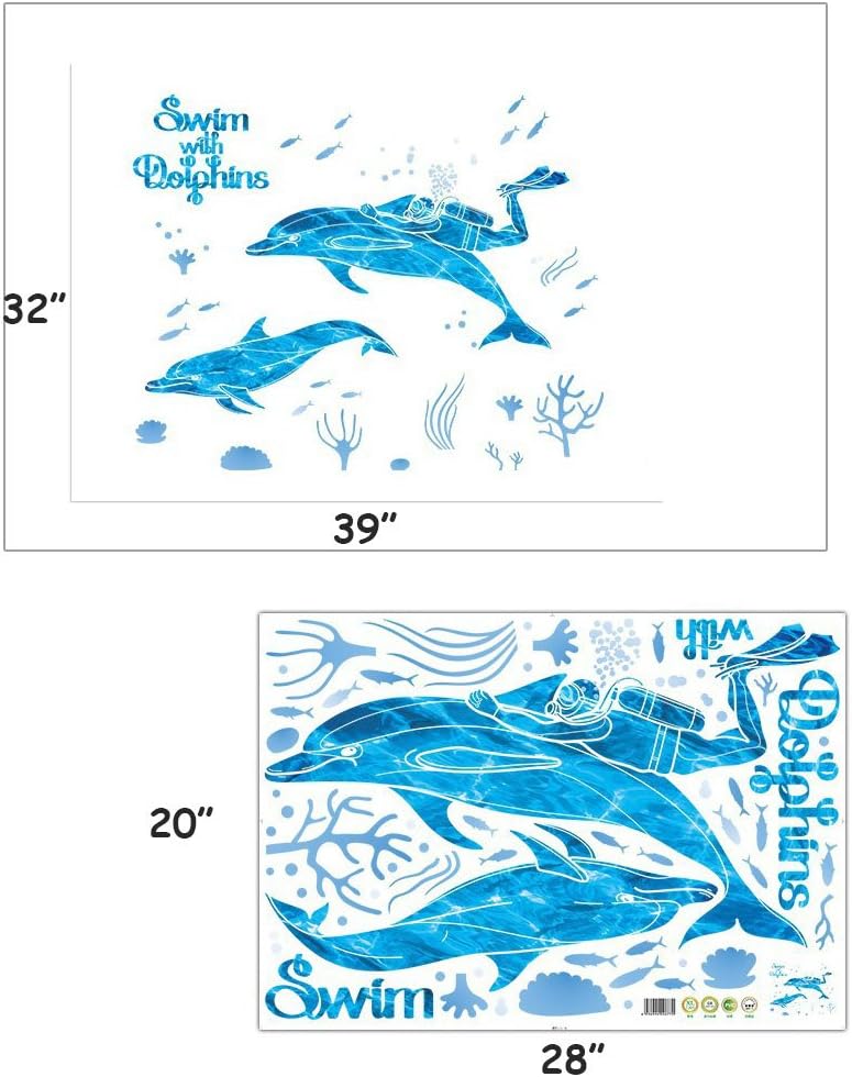 DNVEN DIY 39 inches x 32 inches Divers Swim with Dolphins Animals Wall Stickers Decals Decorations for Children Nursery Kids Room size 50x70 xls7205