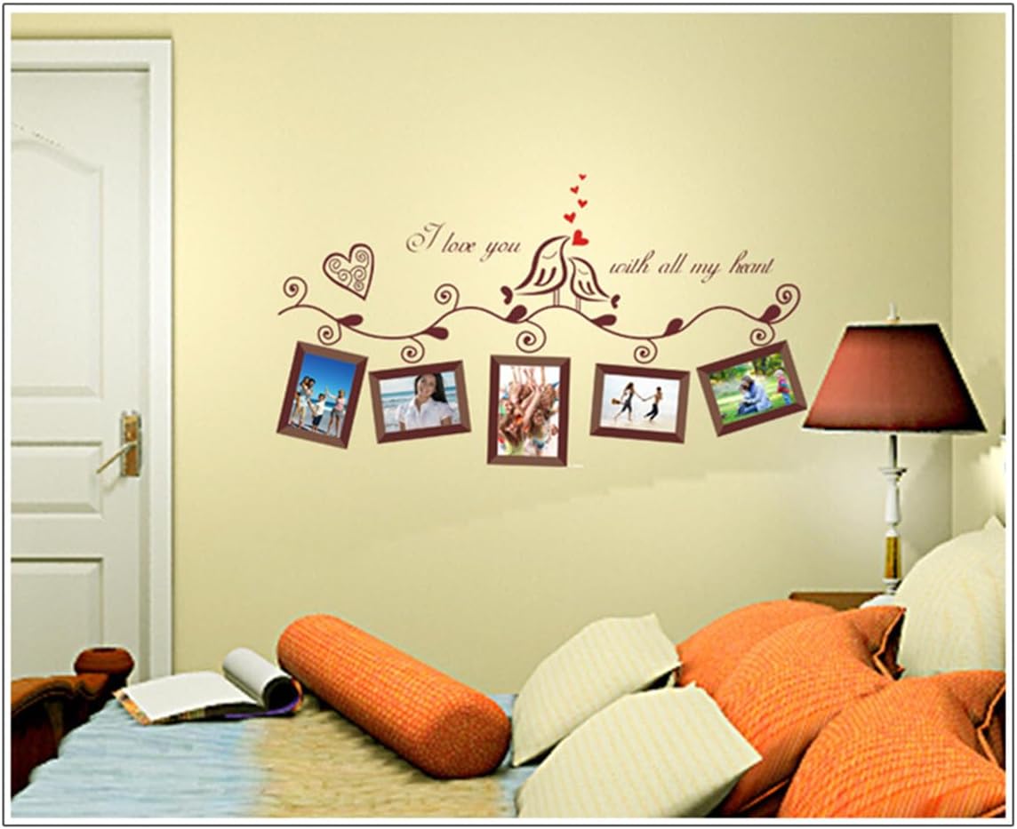 Removable Picture Frame Wall Stickers Vinyl Family Wall Stickers with 5 Photo Frames Love Bird Black Flower Vine Wall Decal Decoration size 45x60 ay640a
