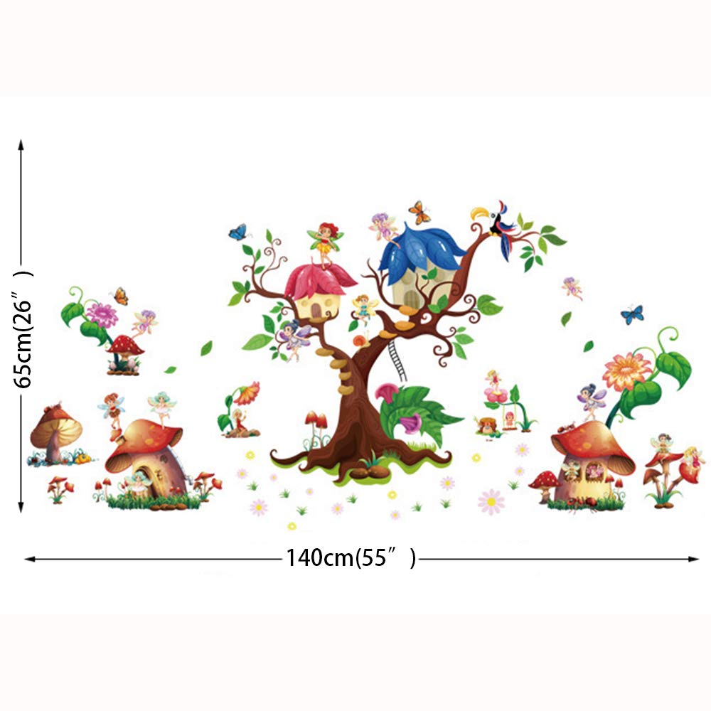 Xh9272Fairy Garden Wall Stickers Tree Mushroom House Wall Decals Mural for Girls Bedroom Nursery Living Room