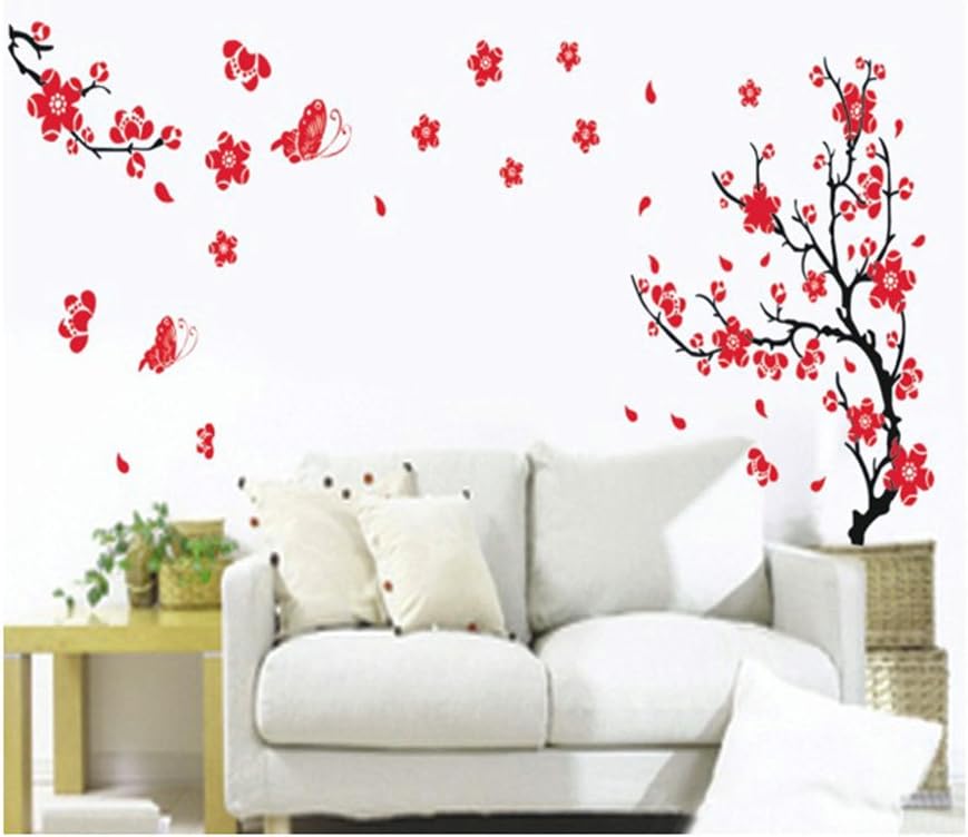 VAGA Stylish Adhesive Rooms Walls Vinyl DIY Stickers/Murals/Decals/Tattoos/Transfers with Red Japanese Cherry Blossoms Tree/Branch and Butterflies Designs