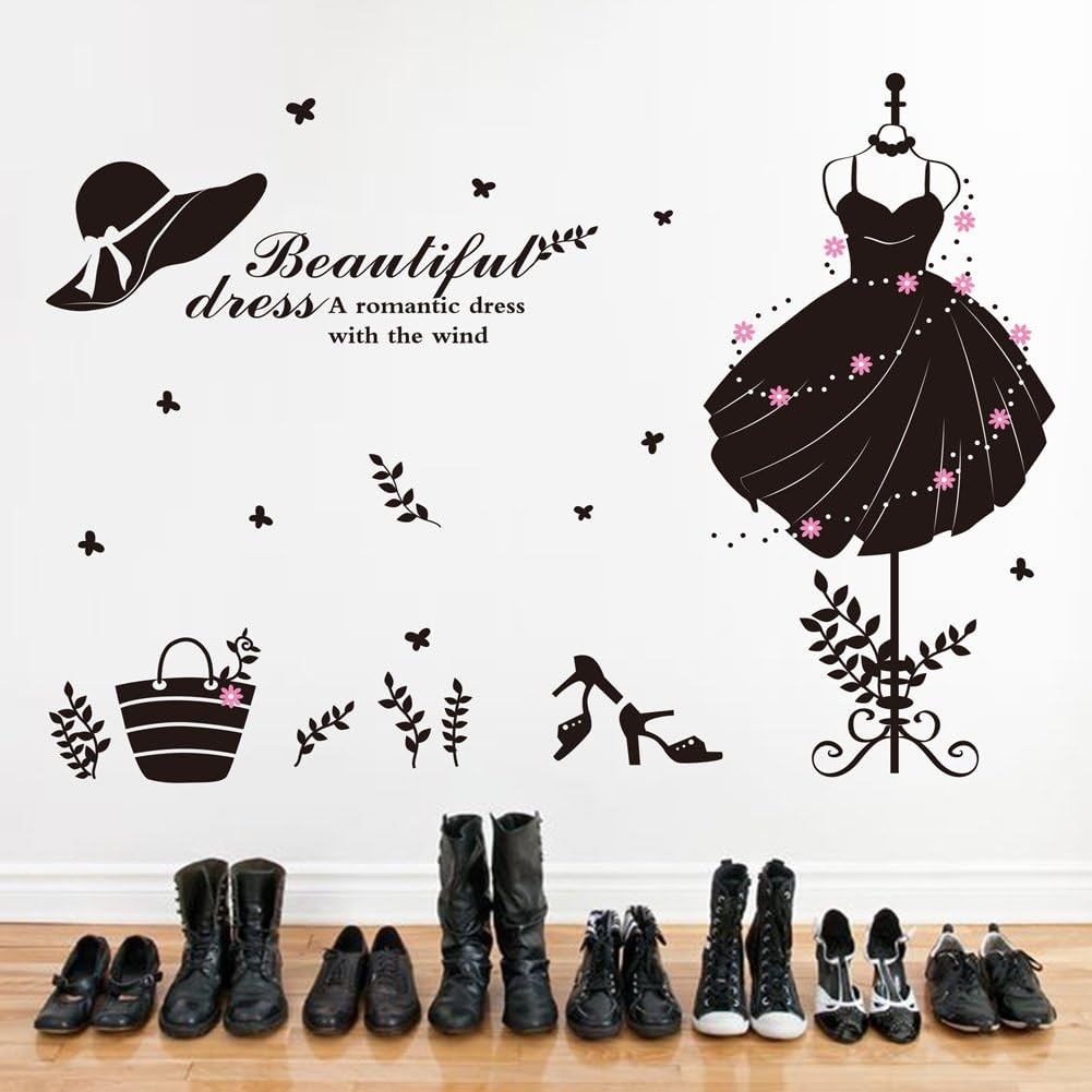 Wallpark Beautiful Black Dress Hat Bag High-Heeled Shoes Store Glass Showcase Removable Wall Sticker Decal, Living Room Bedroom Home Decoration Adhesive DIY Art Wall Mural size 50x70 xh0632c