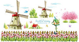 Decorative wall decal, Dutch windmill design, tulip flowers, butterflies, birds and birds size 60x90  xh1110c