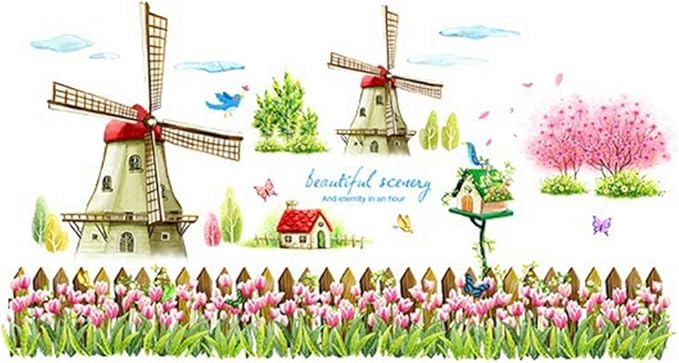 Decorative wall decal, Dutch windmill design, tulip flowers, butterflies, birds and birds size 60x90  xh1110c