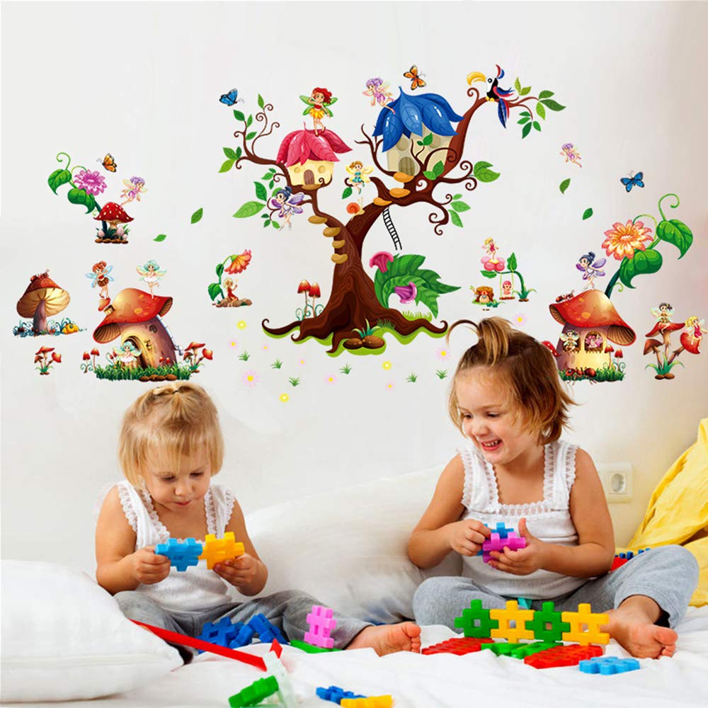 Xh9272Fairy Garden Wall Stickers Tree Mushroom House Wall Decals Mural for Girls Bedroom Nursery Living Room