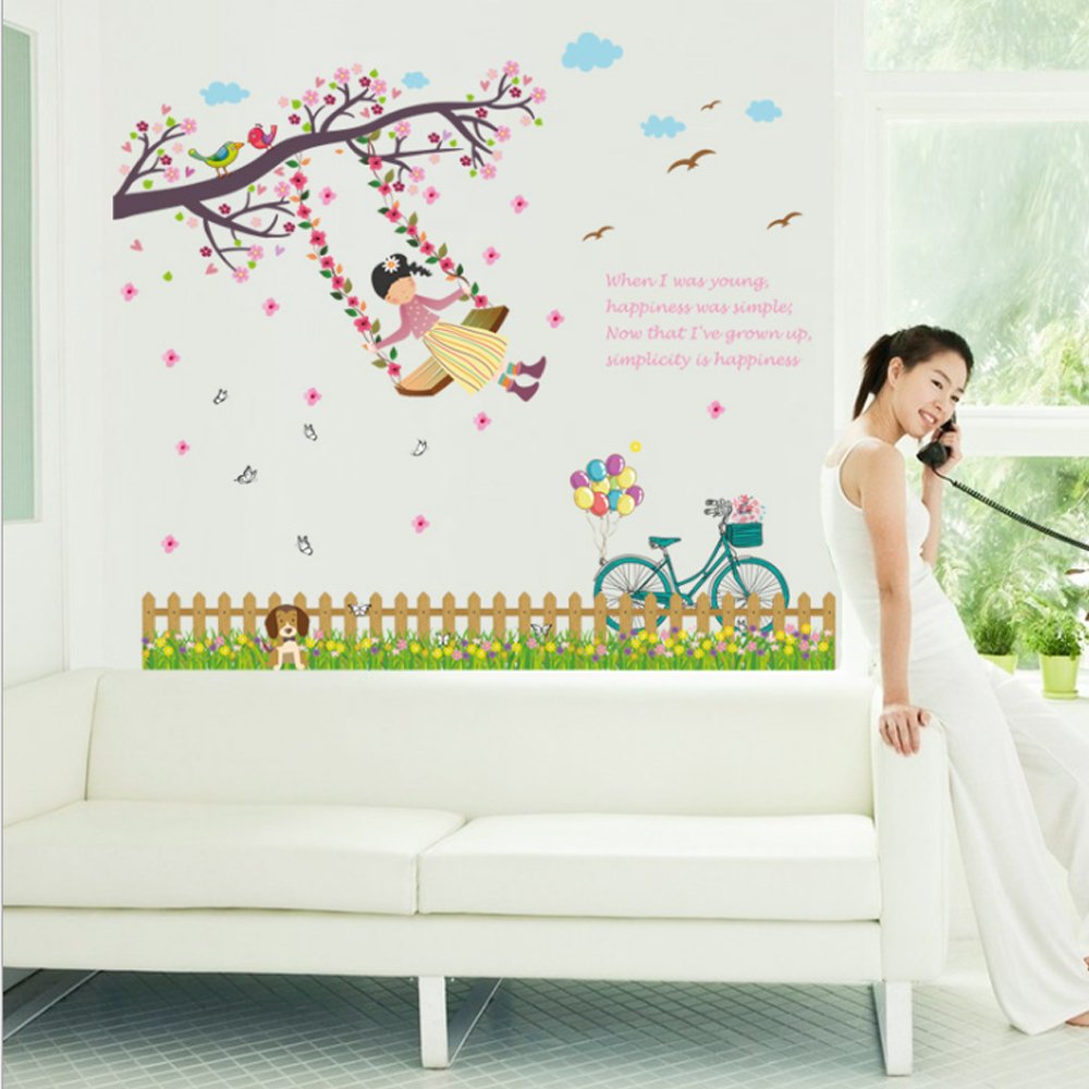 Swing Girl Baseboard Flowers Tree Birds Butterflies Wall Decal Home Sticker PVC Murals Paper House Decoration Wallpaper Living Room Bedroom Art Picture for Kids Teen Senior Adult Baby size 50x70 sk7051