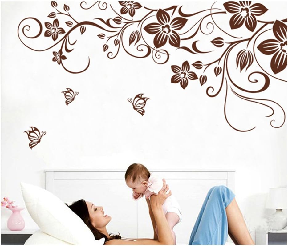 High Quality Adhesive Rooms Walls Vinyl DIY Stickers / Murals / Decals / Tattoos / Transfers With Delicate Flowers, Butterflies And Swirls Designs In Brown Colour By VAGA size 50x70 dm57004