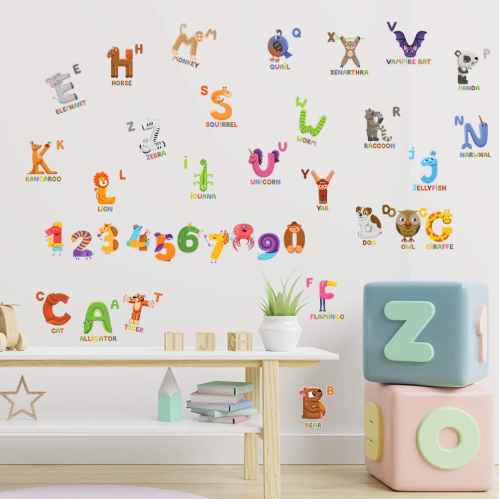 Animal ABC & 123 Adhesive Wall Decals - JesPlay Wall Decor Stickers for Kids & Toddlers Include Alphabet, Letters & Numbers - Removable Wall Decals for Bedroom, Living Room, Nursery, Classroom  30x60cm