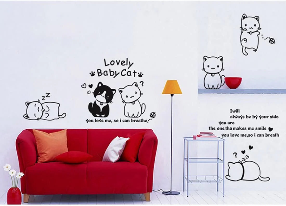 Wall Sticker English Letters Lovely Baby Cats Paper Home Decal Removable Wall Vinyl Living Room Bedroom PVC Art Picture Murals Waterproof DIY Stick for Adults Teems Kids Nursery Baby size 60x90 ay9048