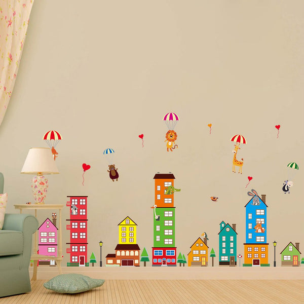 Wallpark Bunt Stadt Haus Gebäude Niedlich Bär Löwe Giraffe Affe Heißluft-Ballon Abnehmbare Wandsticker Wandtattoo, Kinder Kids Baby Hause Zimmer Kinderzimmer DIY Dekorativ Kunst Wandaufkleber