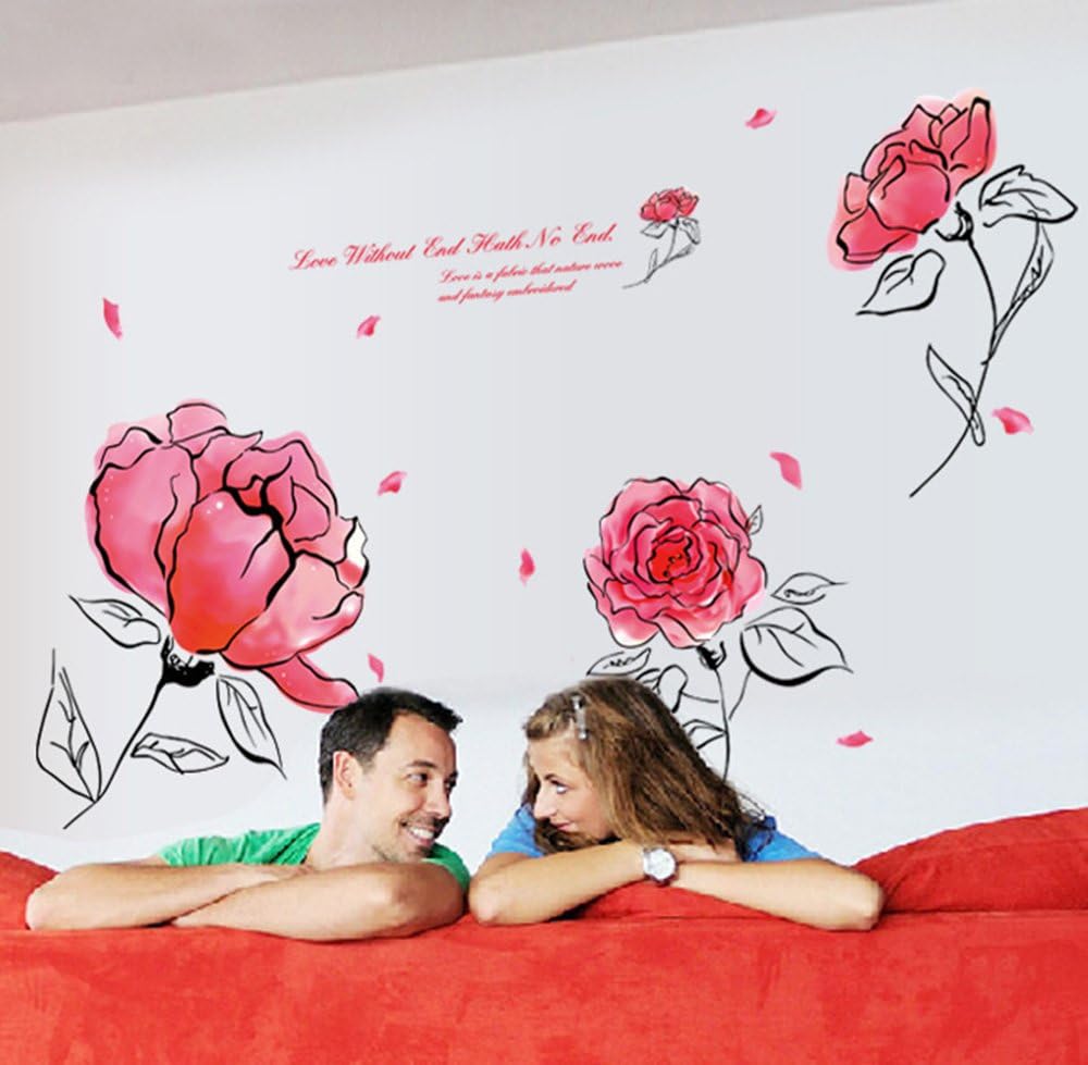 Wall Decal Pink Rose Lily Daisy Magnolia Flower Romantic Vinyl Sticker for Bedroom Living Room (Romantic pink flower) size 50x70 ay7234