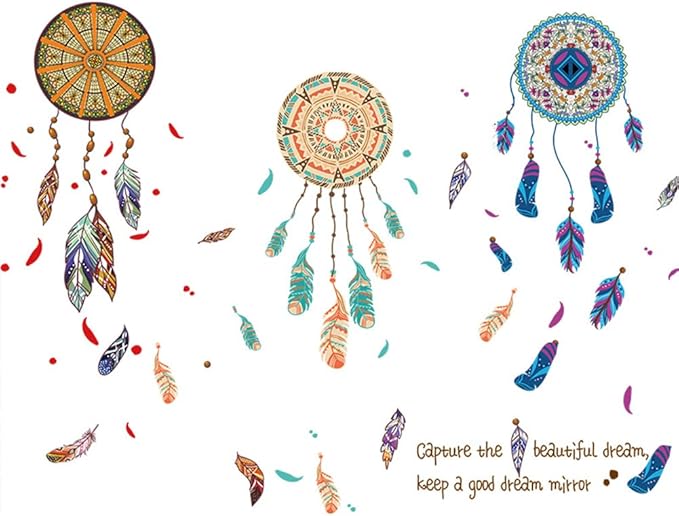 Dream Catcher Wall Decals Colourful Feather Wall Stickers Peel and Stick Removable Art Mural for Bedroom Kids Room Nursery Living Room Office Home Decoration size 60x90  xl8270