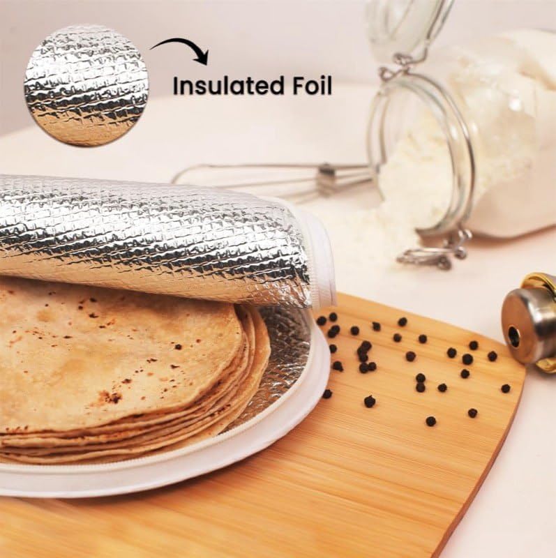 Insulated Large Cotton Roti Cover with Zipper & Handle, Thermal Chapati Storage Bag for Roti, Paratha & Naan